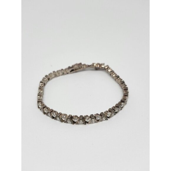 Sterling Silver Rhinestone Tennis Bracelet Vtg V Chevron Setting Hallmarked 7" - Picture 1 of 9